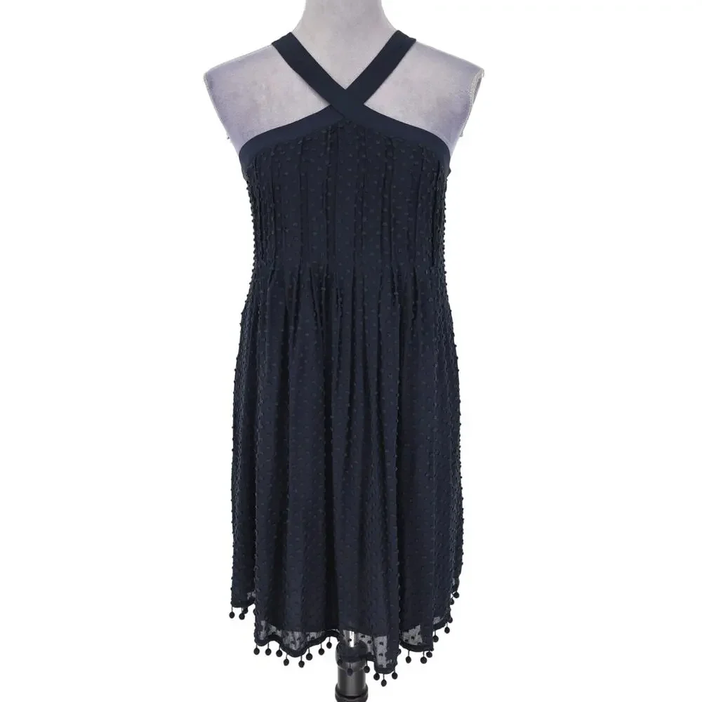 Rebecca Taylor Dress Womens 6 Black Swiss Dot Silk Blend Side Zip Pom Poms Lined